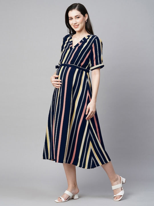 MomToBe Striped V-Neck Maternity Midi A-Line Dress With Belt