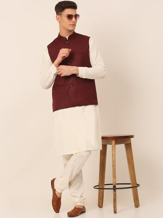 Jompers Men Maroon Solid Nehru Jacket