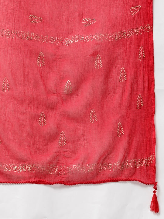 Yufta Women Red & Beige Paisley Print Gotta Patti Kurta with Trousers & Dupatta