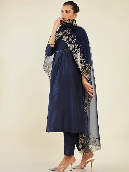 Soch Band Collar Pleated Gotta Patti Anarkali Kurta with Trousers & Dupatta - L