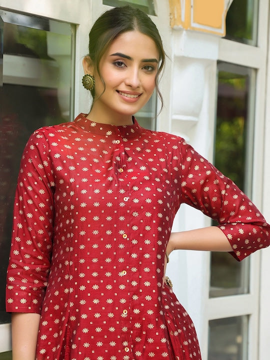 Juniper Women Maroon & Golden Foil Print Anarkali Kurta