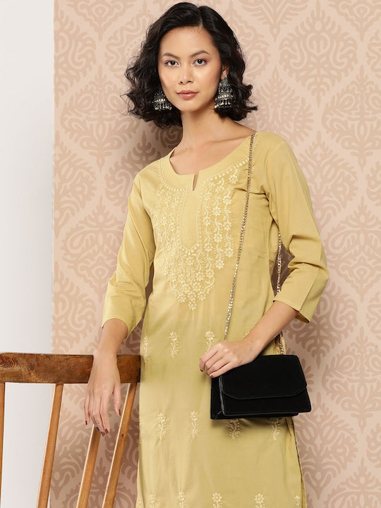Yufta Floral Embroidered Chikankari Cotton Kurta