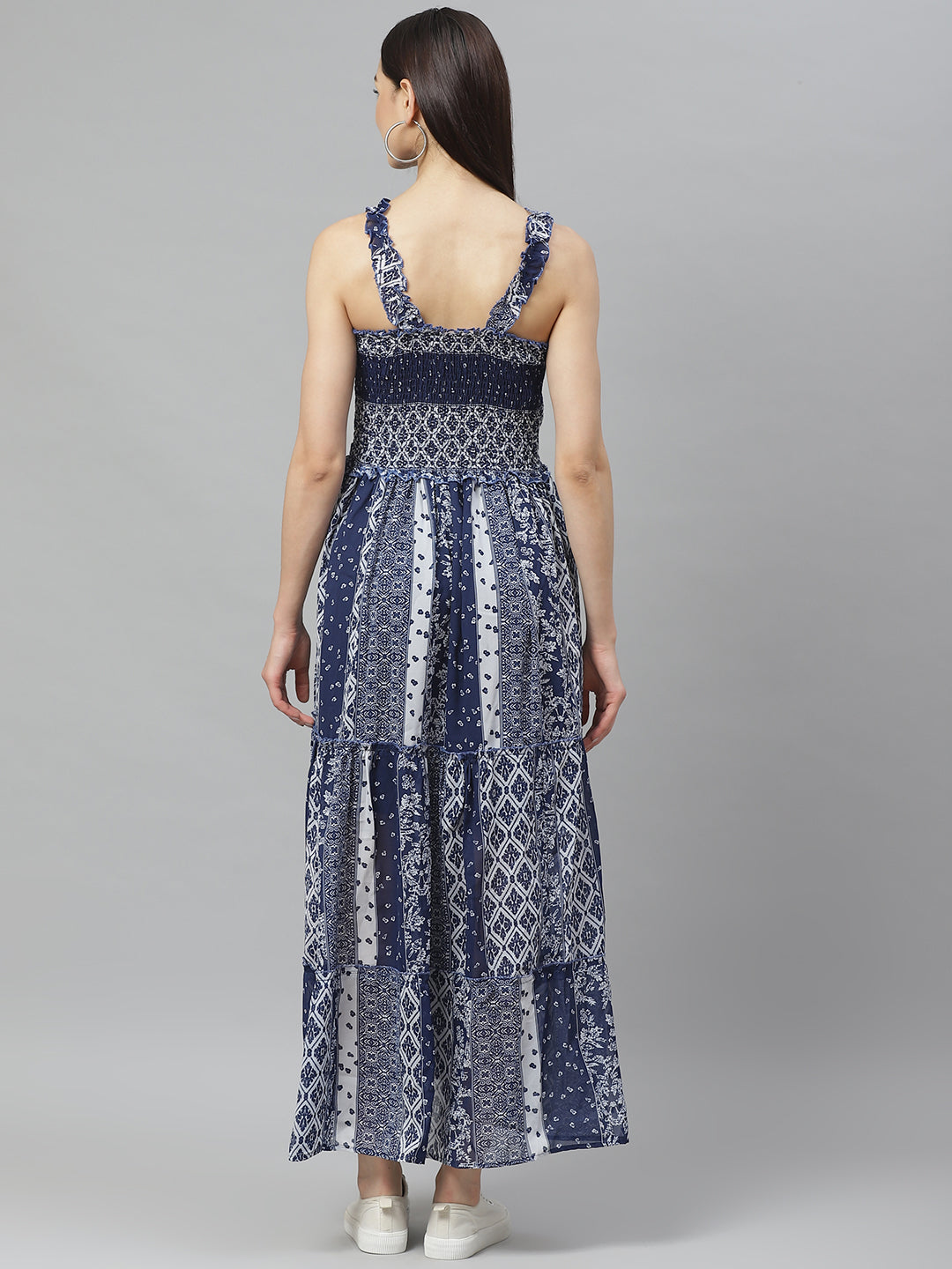 Myshka Navy Blue and White Geometric Printed Maxi Tiered Dress
