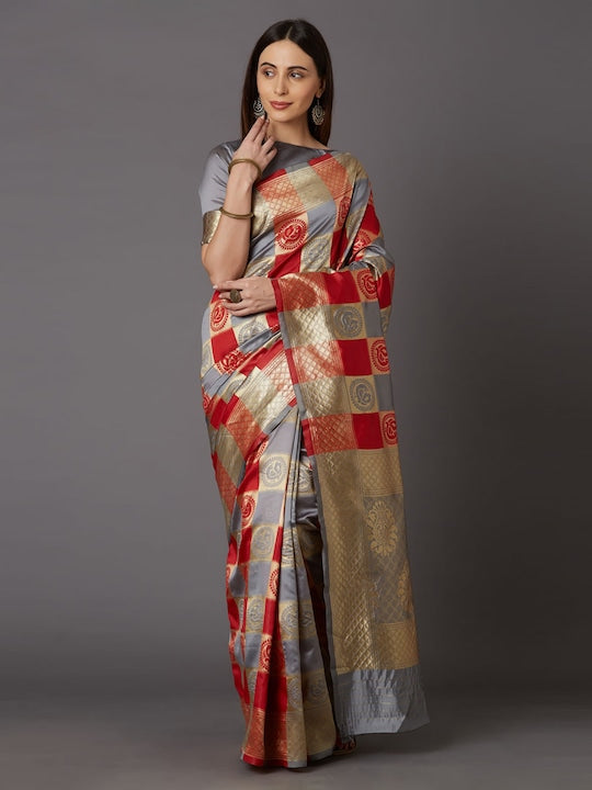 Mitera Grey & Red Silk Blend Woven Design Kanjeevaram Saree
