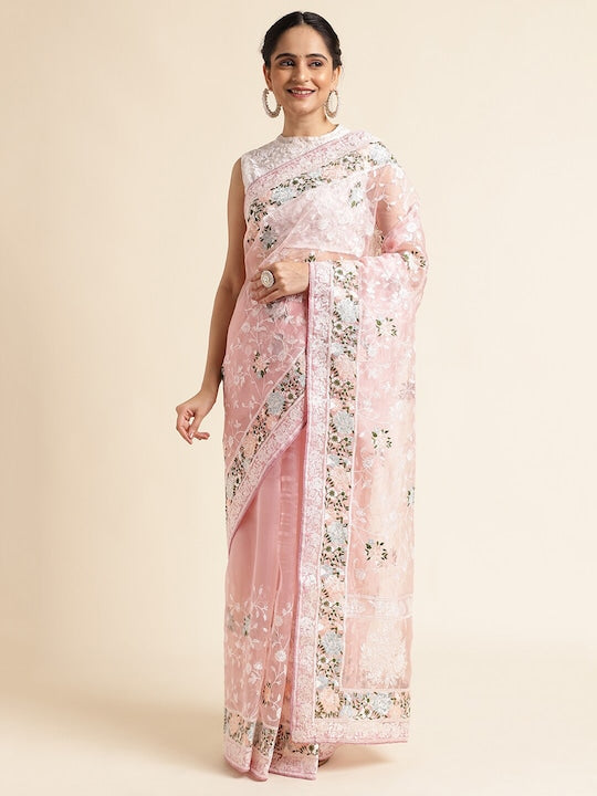 Fabmora Ethnic Motifs Embroidered Organza Saree