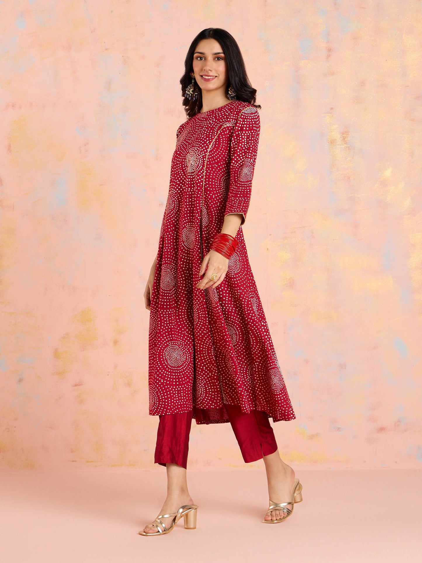 Likha Red Bandhani Printed A-Line Kurta LIKKUR204