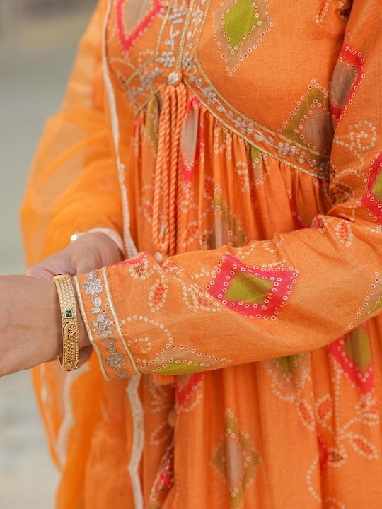 ScakhiI Bandhani Printed V-Neck Gathered Maxi Ethnic Dress With Dupatta