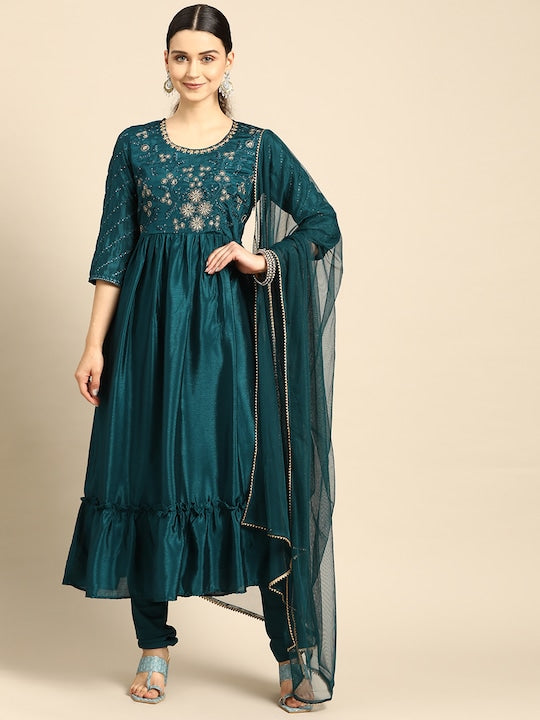 Anouk Women Teal Blue Embroidered Floral Yoke Design Layered Kurta with Churidar & Dupatta