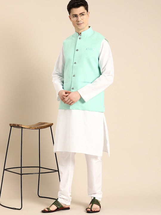 Anouk Men Regular Linen Kurta With Churidar & With Nehru Jacket