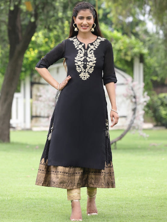 Juniper Women Black Geometric Yoke Design Thread Work Chanderi Silk Kurta - L