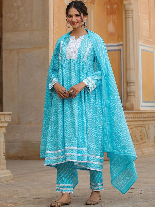 SCAKHI Bandhani Printed Pleated Thread Work Pure Cotton Kurta with Trousers & With Dupatta