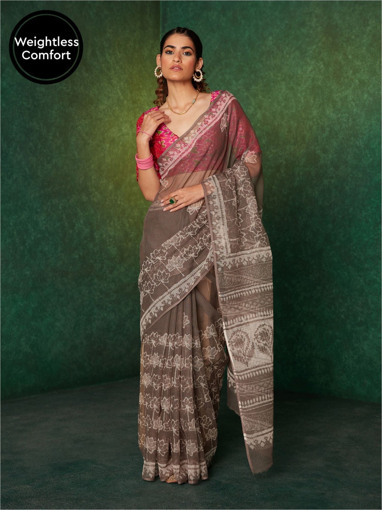Likha Grey 200gms Kota Doriya Handblocked Cotton Saree with Unstitched Blouse LIKSAR69 (Free Size)