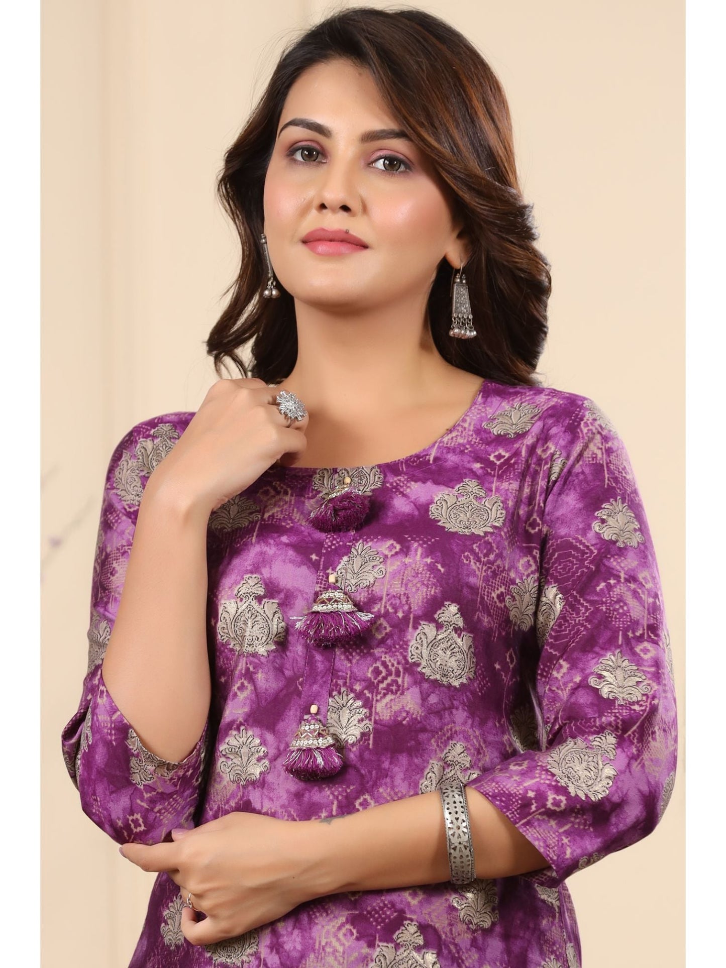 PIROH Women Modal & Shantoon Floral Print Straight Kurta Pant Purple (Set of 2)