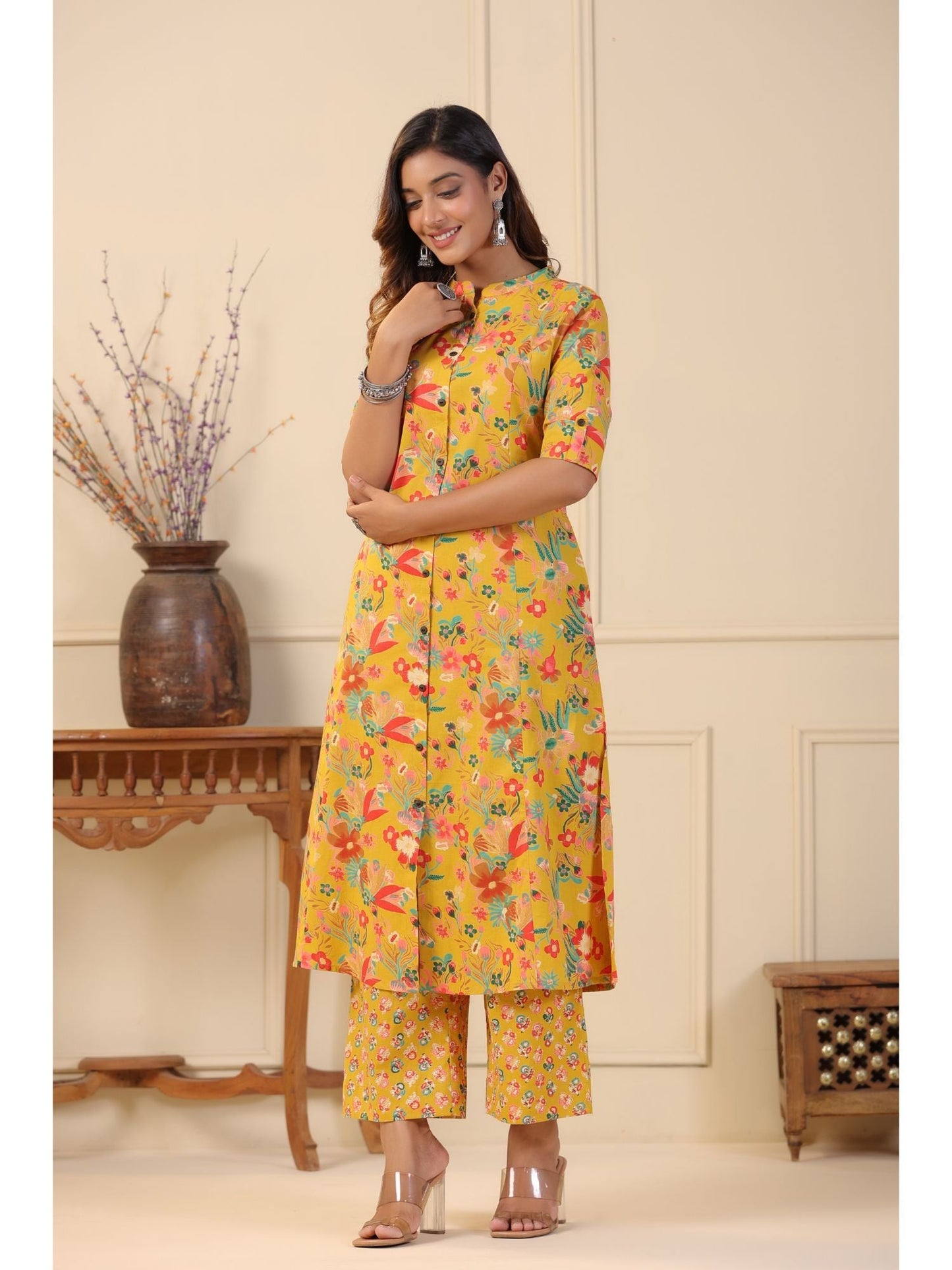 PIROH Women Cotton Floral Print A-Line Kurta Palazzo Mustard (Set of 2)