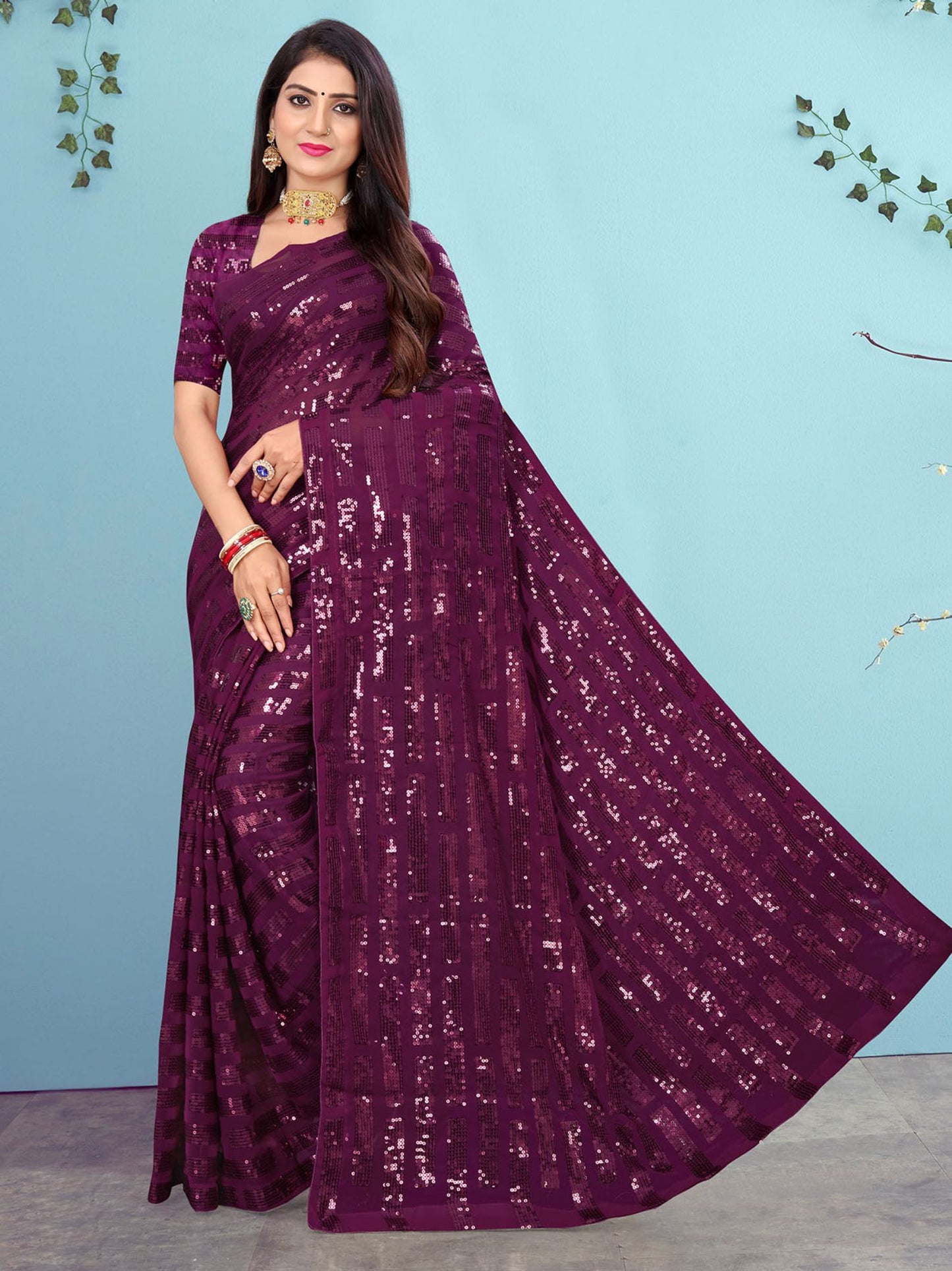 Odette Sparkling Purple Sequins Saree with Unstitched Blouse