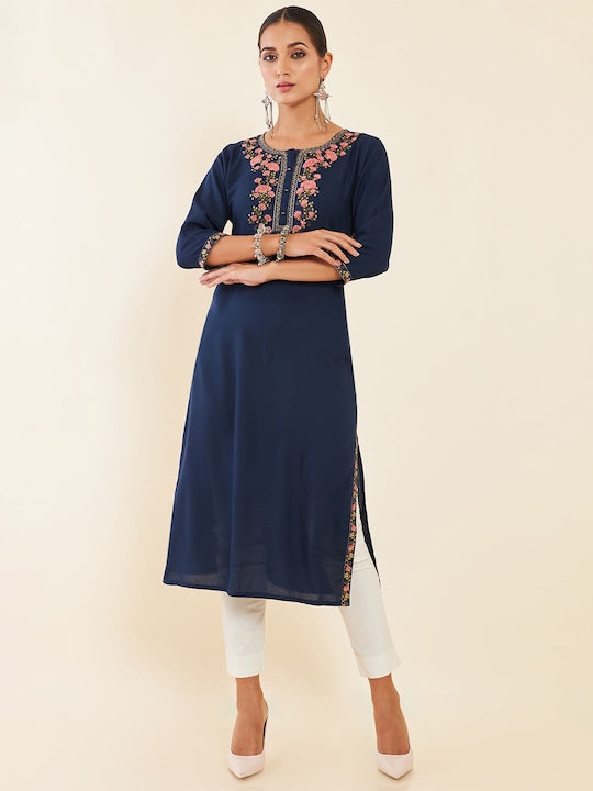 Soch Navy Blue Floral Embroidered Kurta