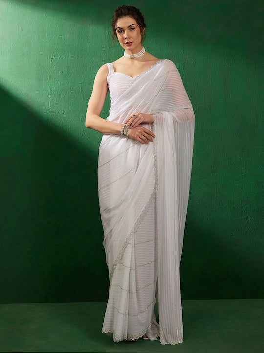 Sangria Embellished Beads & Stones Pure Georgette Saree