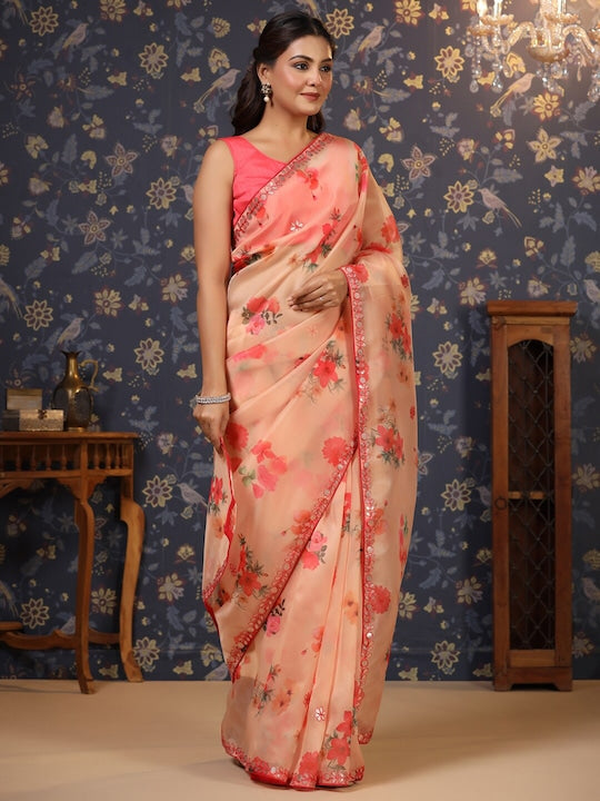 House of Pataudi Floral Printed Organza Embellished Border Saree