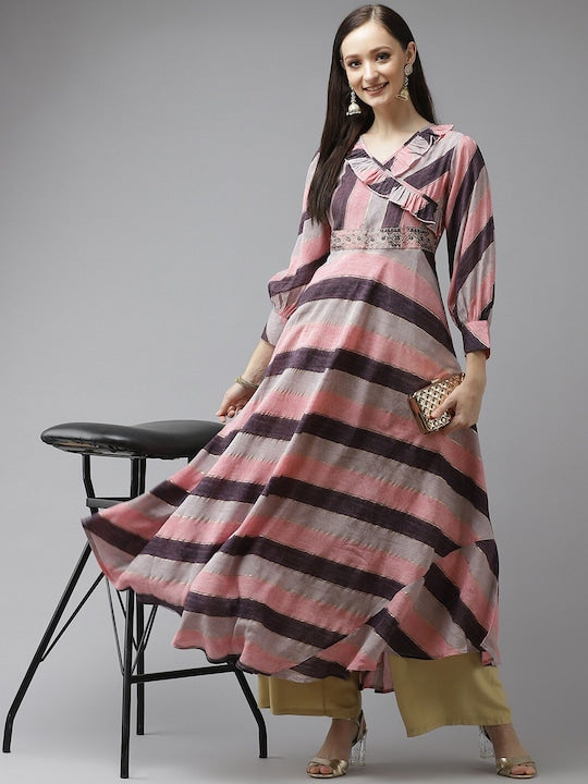 Yufta Women Burgundy & Pink Striped Pure Cotton A-Line Kurta