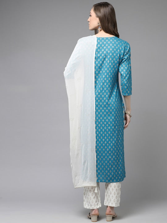 Yufta Women Teal Blue & Off-White Printed Kurta with Trousers & Dupatta