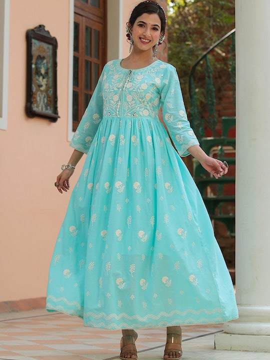 Scakhi Floral Embroidered Maxi Empire Cotton Ethnic Dress