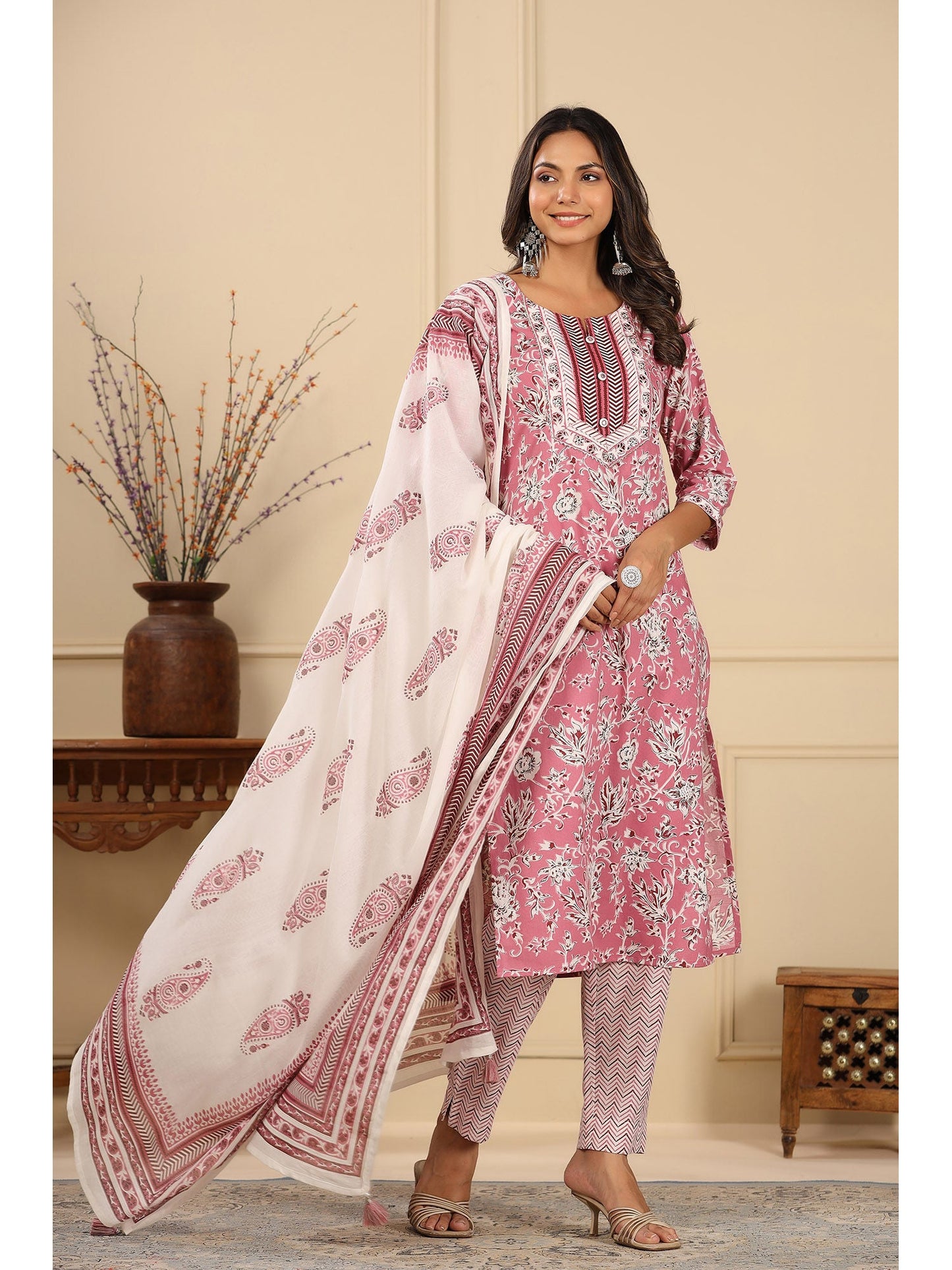 PIROH Womens Cotton Floral Print Straight Kurta Pant Dupatta Pink (Set of 3)