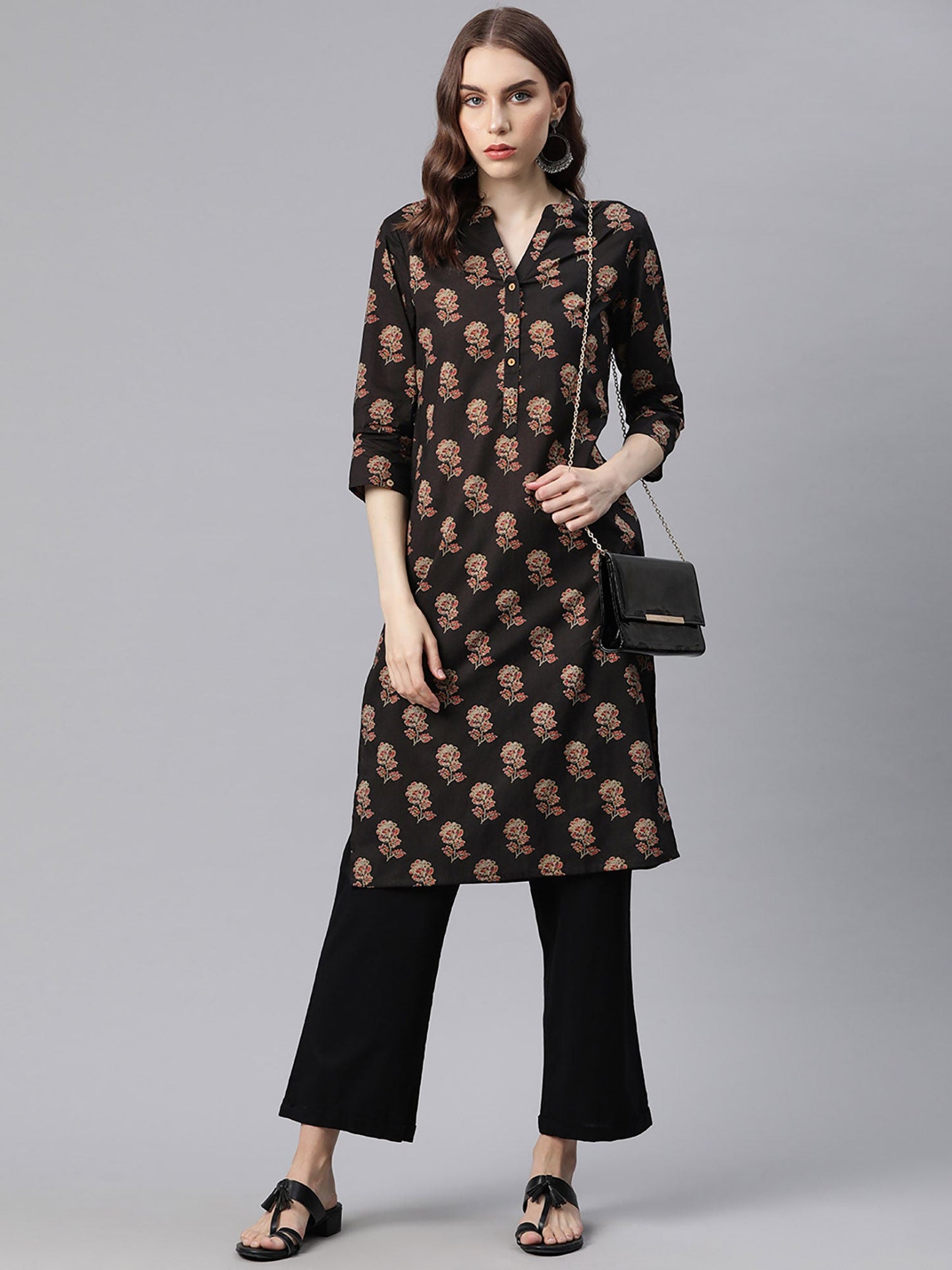 PIROH Womens Cotton Floral Print Straight Short Kurta Black