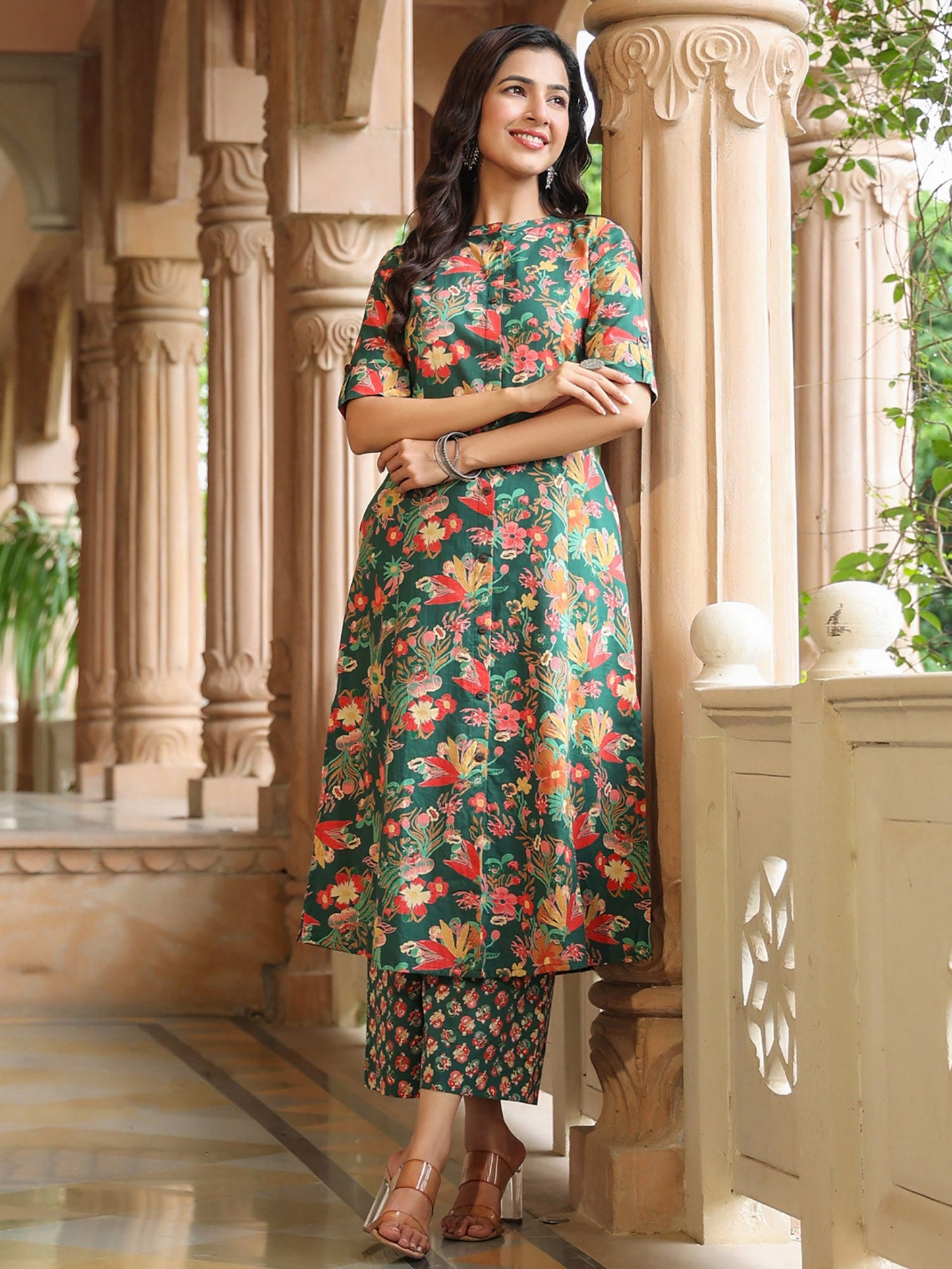 PIROH Womens Cotton Floral Print A-Line Kurta Palazzo Green (Set of 2)