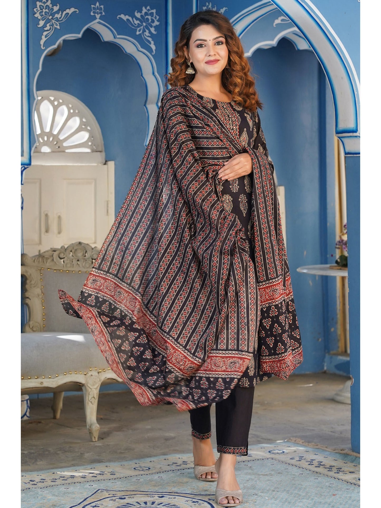 PIROH Womens Bagru With Embroidery Straight Kurta Trouser With Voile Dupatta (set Of 3)