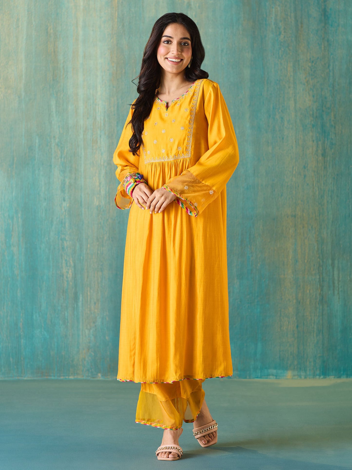 Likha Yellow Ethnic Bloom Embroidered Kurta Pant & Organza Dupatta LIKSKD203 (Set of 3)