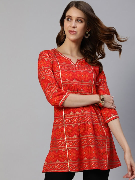 Anubhutee Red & Gold Geometric Printed Pleated Kurti