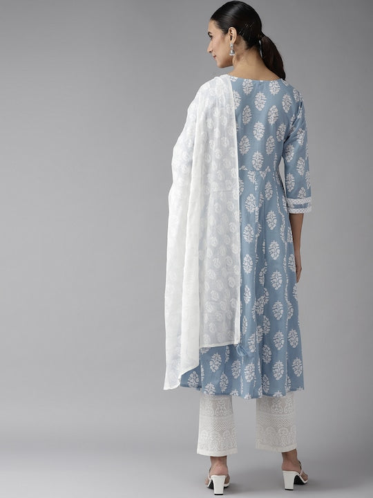 Yufta Women Blue & White Ethnic Motifs Printed Pure Cotton Kurta with Palazzos & Dupatta