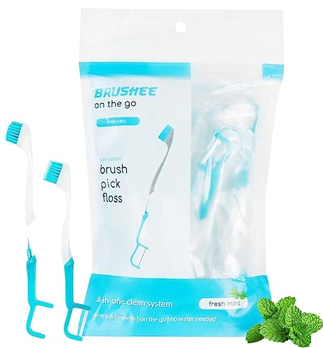 Brushee - The Evolution of Oral Care | 3-in-1 Tool (Pre-Pasted Mini-Brush + Floss + Pick) | Individually Wrapped | Disposable | Prepasted Travel Toothbrushes | Small Adult Toothbrush (48 Pack)