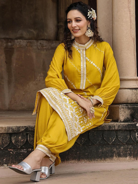 Scakhi Ethnic Motifs Embroidered Mirror Work Mandarin Collar Pure Silk Kurta With Patiala