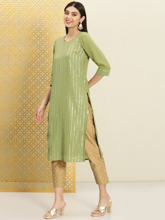 House of Pataudi Women Embellished Sequined Striped Jashn Kurta