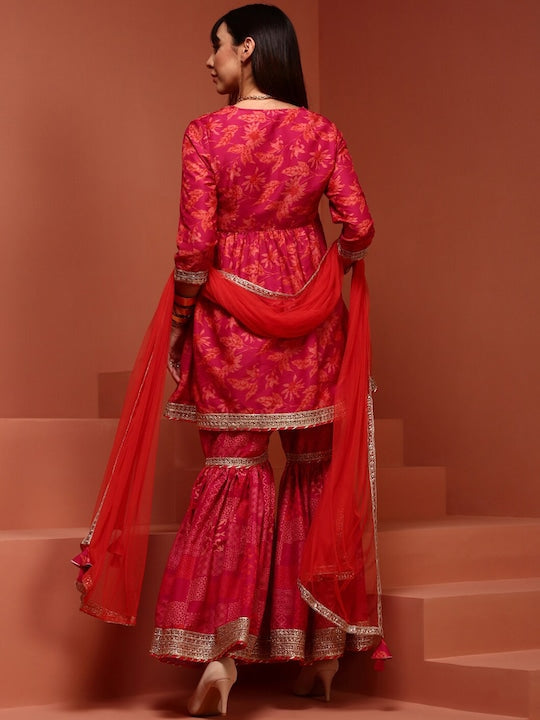 IMARA Floral Printed Anarkali Kurti & Sharara With Dupatta