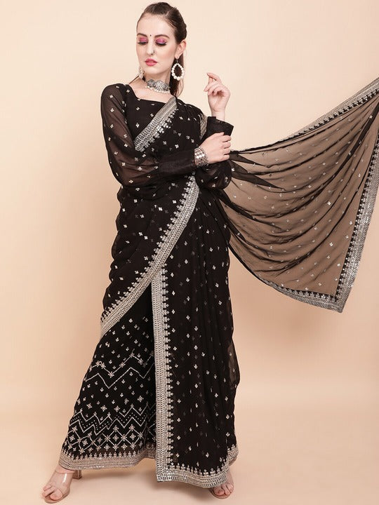 Sangria Black & White Embellished Sequinned Pure Georgette Palazzo Saree