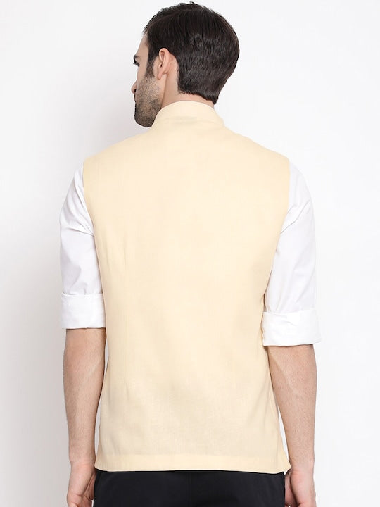Vastramay Men Cream Coloured Solid Slim-Fit Woven Nehru Jacket