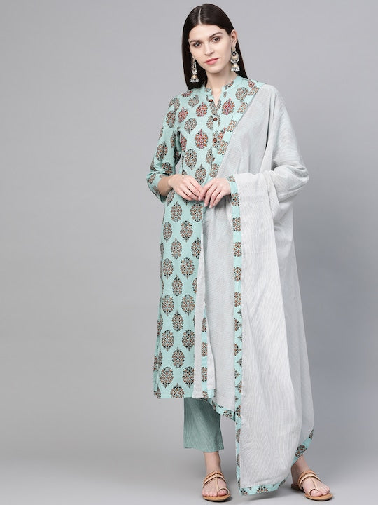 Anubhutee Women Green & Off White Printed Kurta with Trousers & Dupatta - S