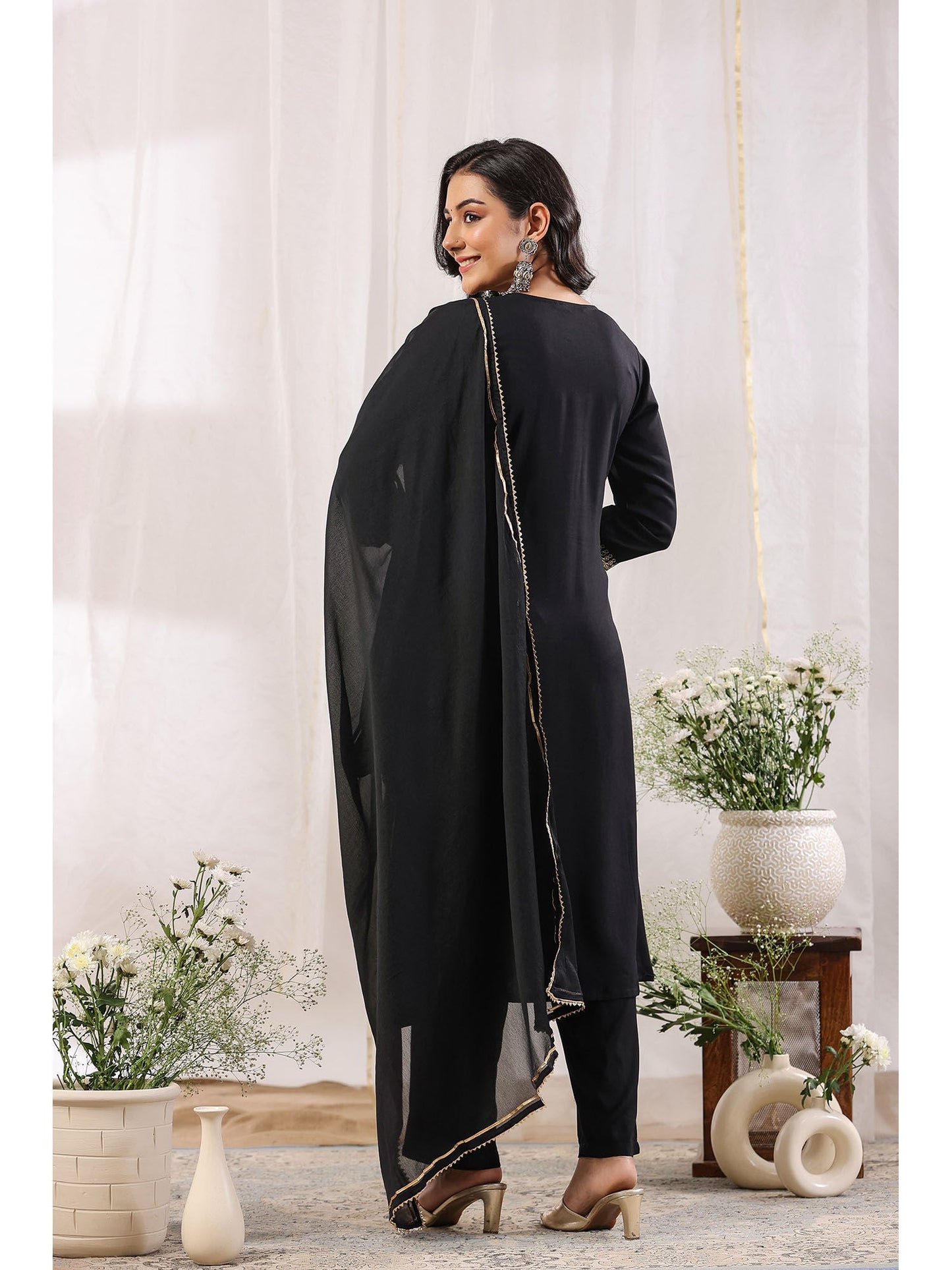 ISHIN Women's Black Yoke Design Zari Work A-Line Kurta with Trousers & Dupatta (Set of 3)