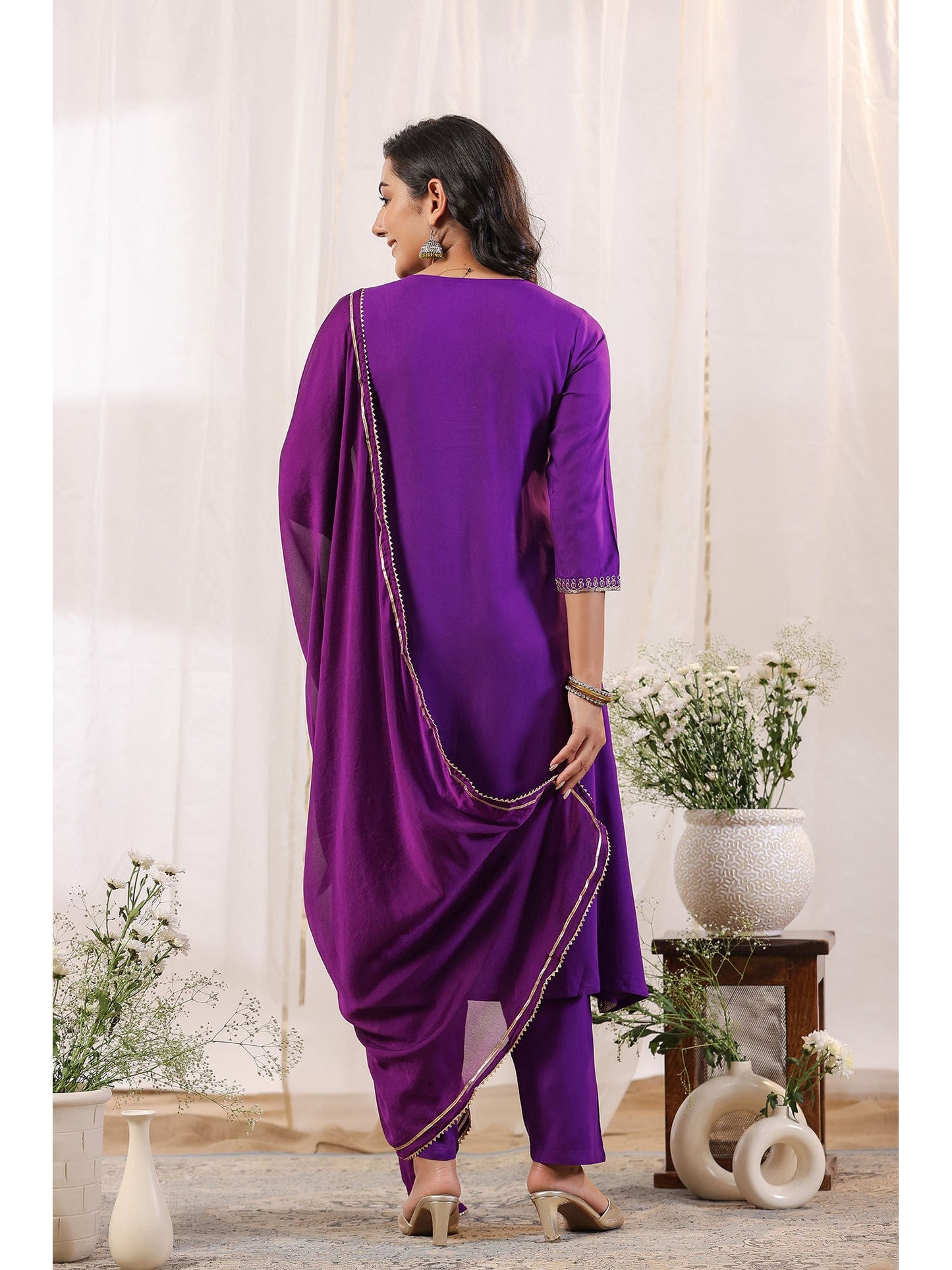 ISHIN Women's Purple Yoke Design Zari Work A-Line Kurta with Trousers & Dupatta (Set of 3)