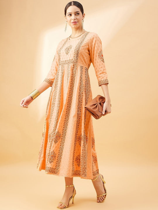 All about you Peach Coloured Ethnic Motifs Printed Round Neck Empire Cotton Midi Dress