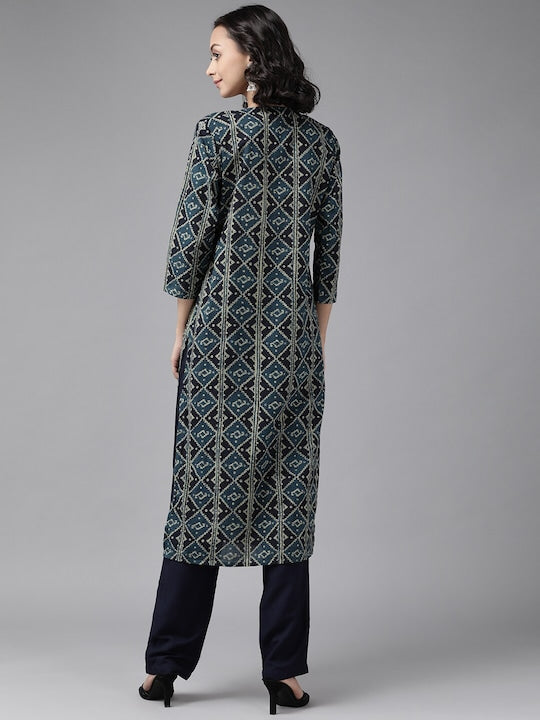 Yufta Women Teal Printed High Slit Pure Cotton Kurti with Trousers