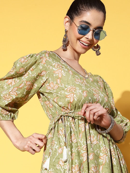 Yufta Women Floral Printed Gotta Patti Pure Cotton Kurta with Trousers