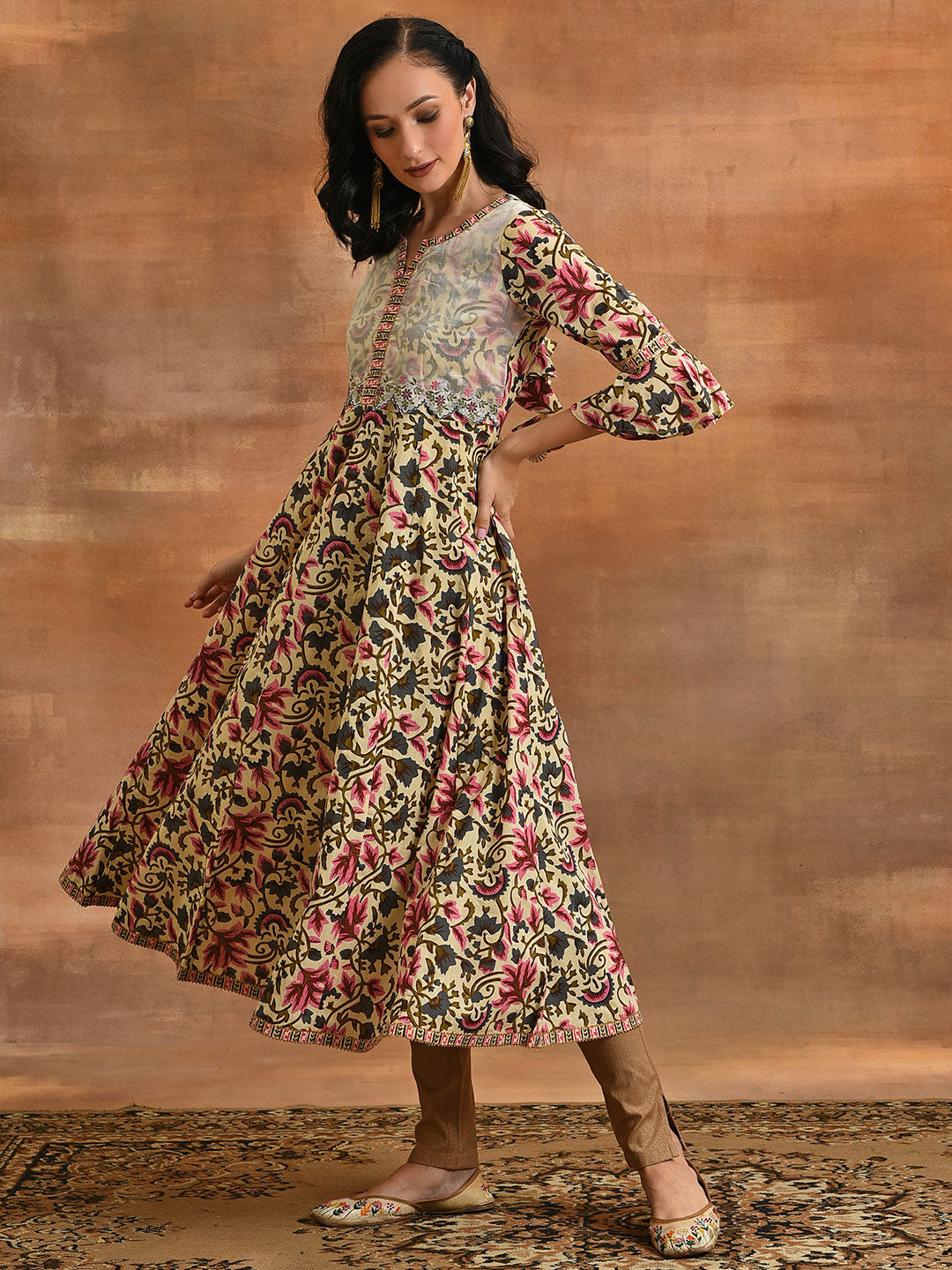 AKS Floral Printed Bell Sleeves Cotton Maxi Dress