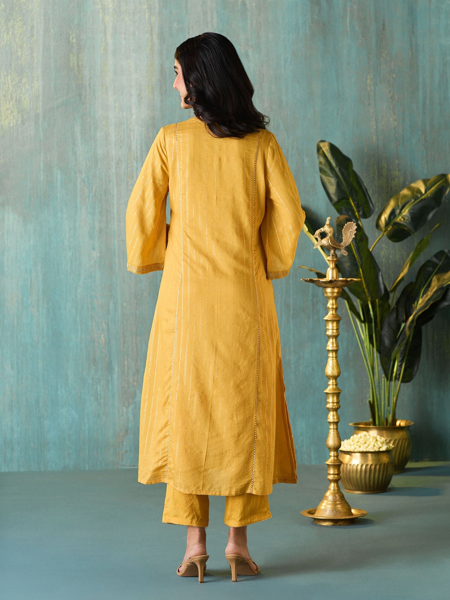 Likha Yellow Tyohar Lurex Chanderi with Sequence Kurta Pant & Dupatta LIKSKD271 (Set of 3)