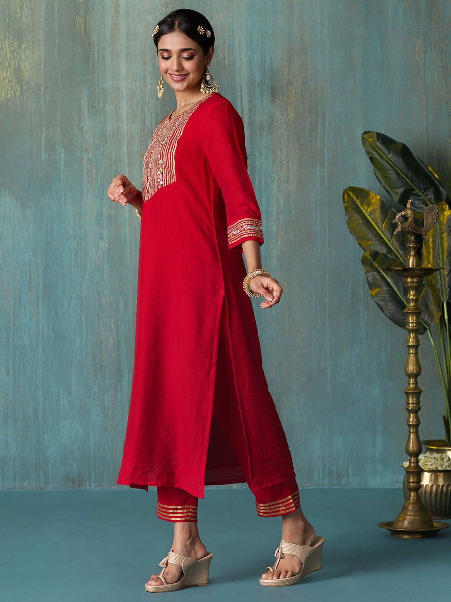 Likha Red Tyohar Viscose Chanderi Gotapatti Work Kurta Pant & Dupatta LIKSKD275 (Set of 3)