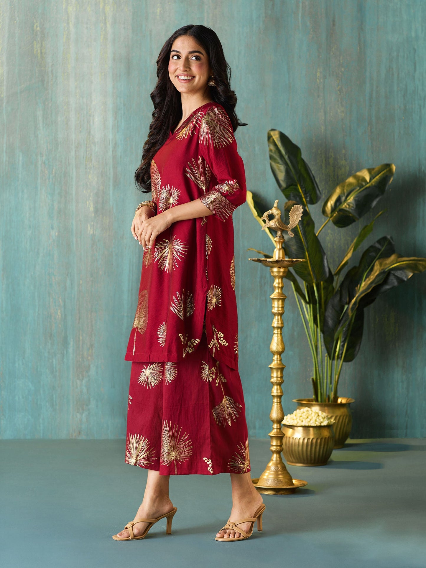 Likha Maroon Tyohar Chanderi Foil Printed Co-ord Set LIKSKD294 (Set of 2)