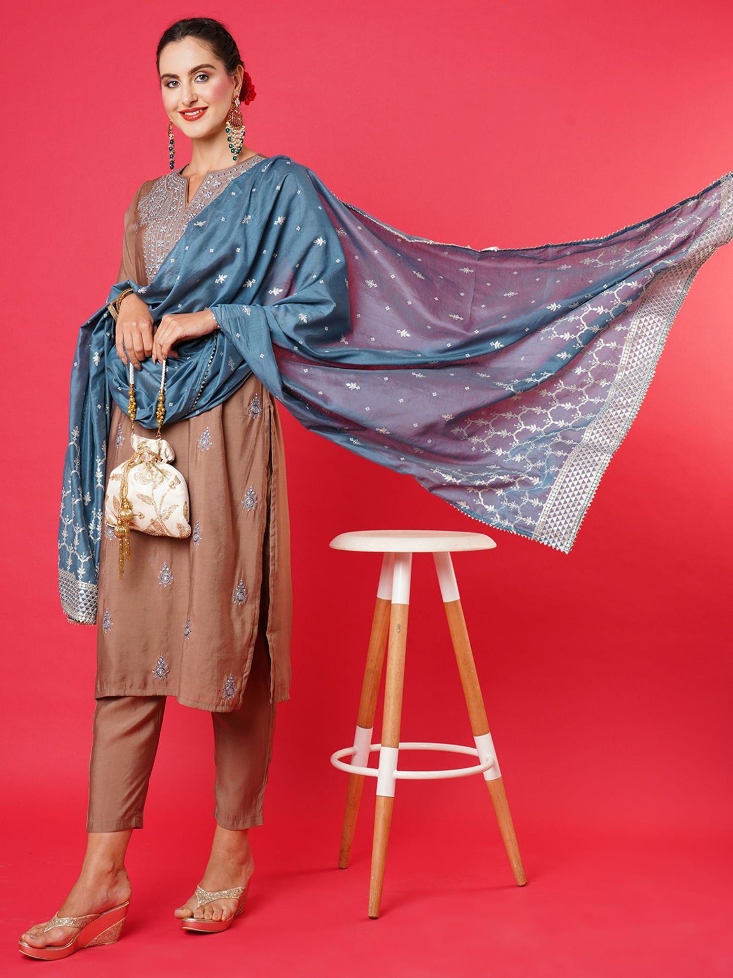 Heeposh Women Brown Ethnic Motifs Embroidered Thread Work Kurta with Dupatta (Set of 3)