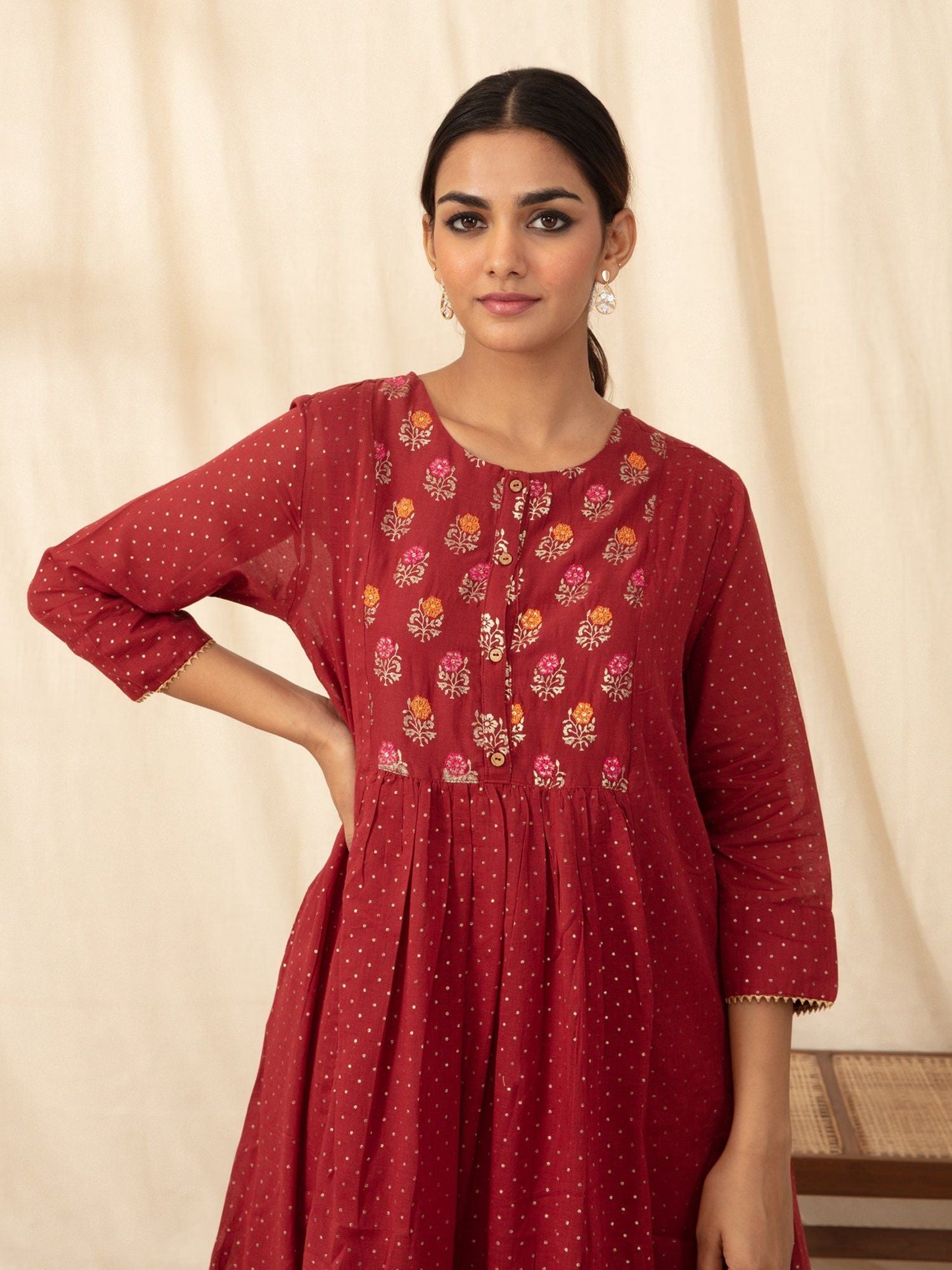 Likha Maroon Gathered Waist Mulmul Kurta with Gold Foil Print LIKKUR88 (Set of 2)